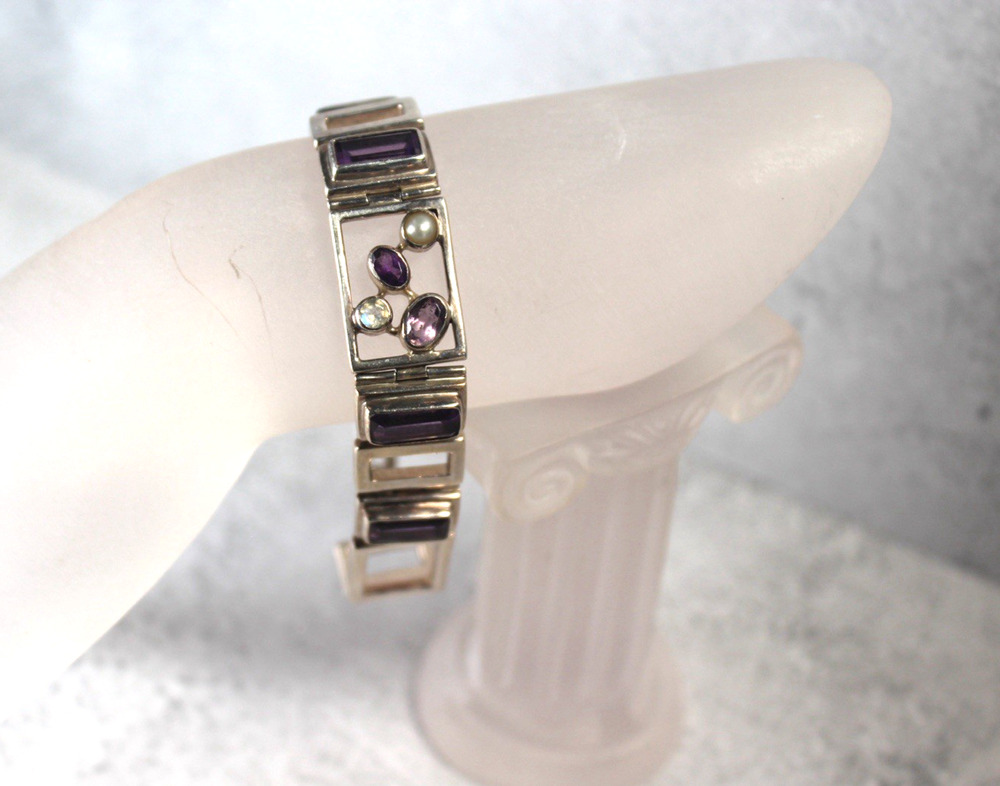 Vintage Sterling Silver Amethyst Tennis Bracelet with Pearl & Blue Accent Stones